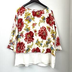 J Jill Floral Print Tunic Top Size Petite PL Pink Lightweight 3/4 Sleeve Boho